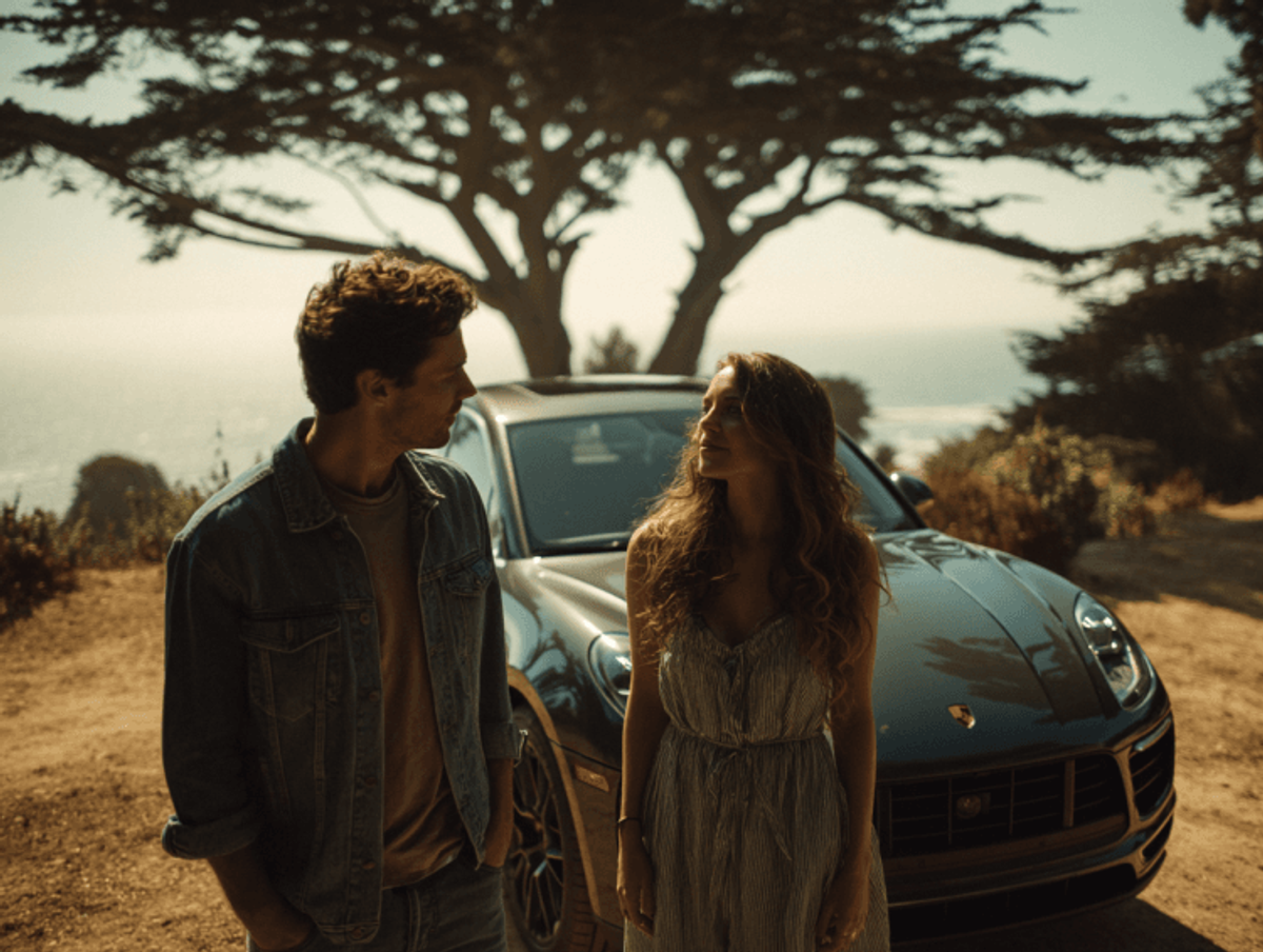 Couple standing by car on scenic coastal road.