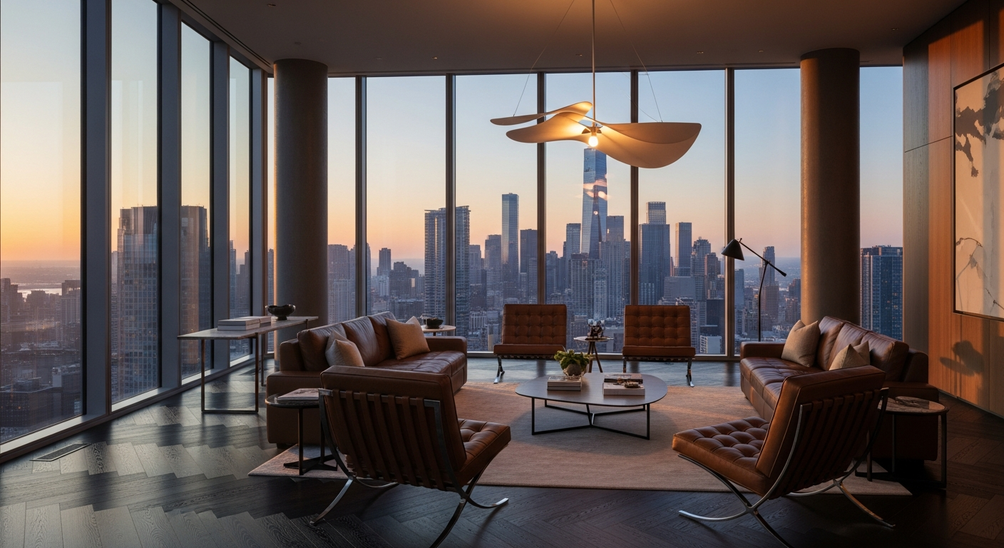 Luxury penthouse with twilight city view representing the real estate marketing industry