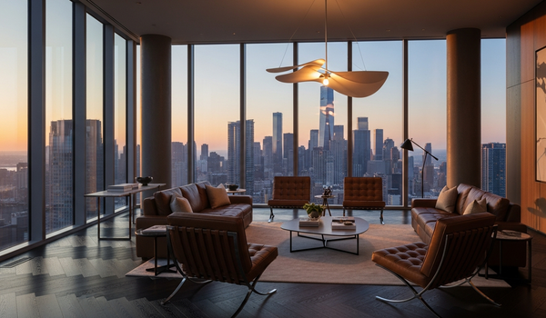 Luxury penthouse with twilight city view representing the real estate marketing industry