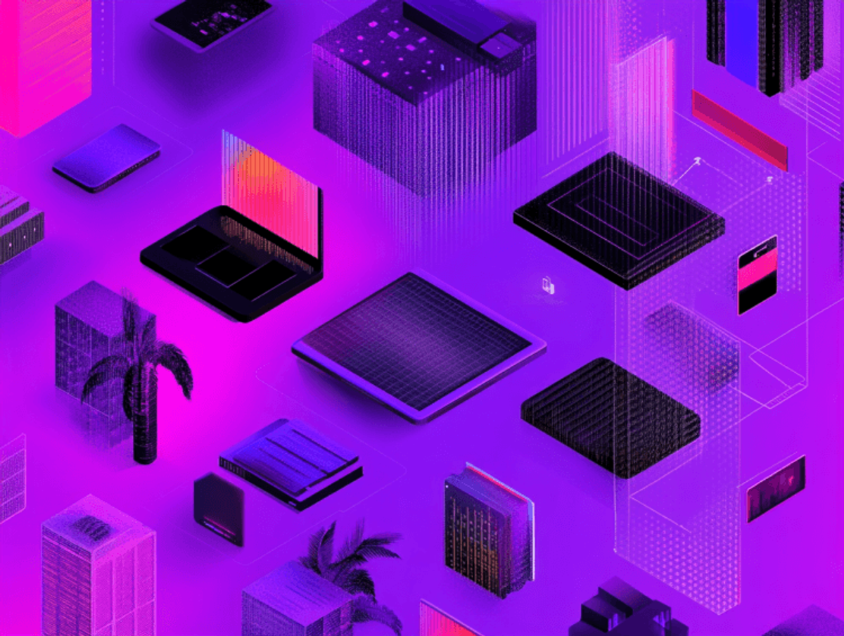 Futuristic digital devices and abstract tech elements.