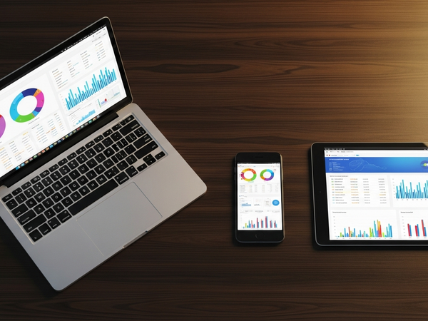 Digital marketing services - premium workspace with multi-device data displays