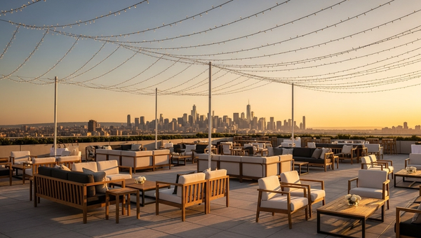 Premium outdoor event terrace at golden hour with elegant furniture, string lights, and city skyline