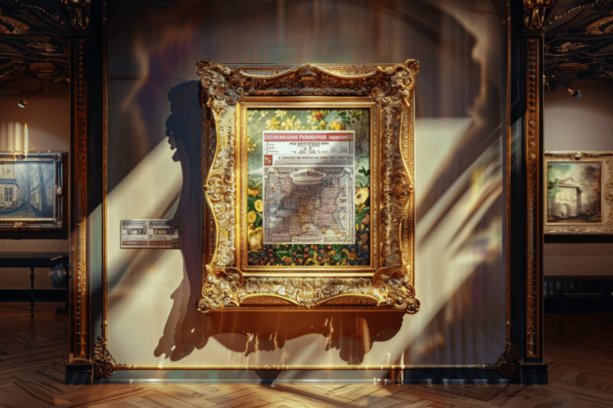 Ornate framed map in art gallery exhibit