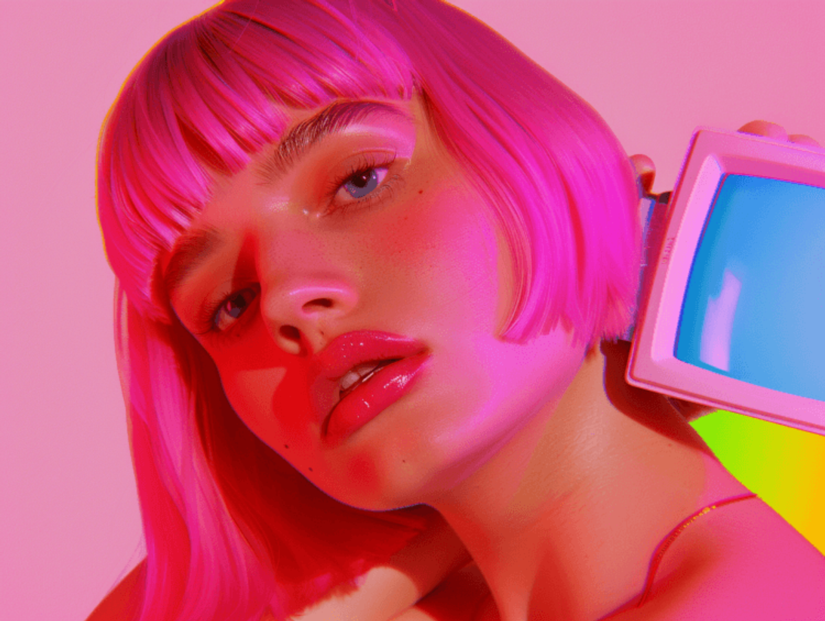Woman with vibrant pink hair and retro TV.