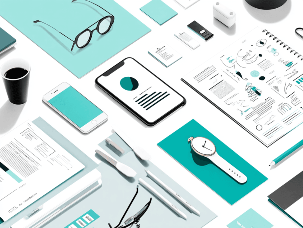 Modern office essentials arranged neatly on white background.