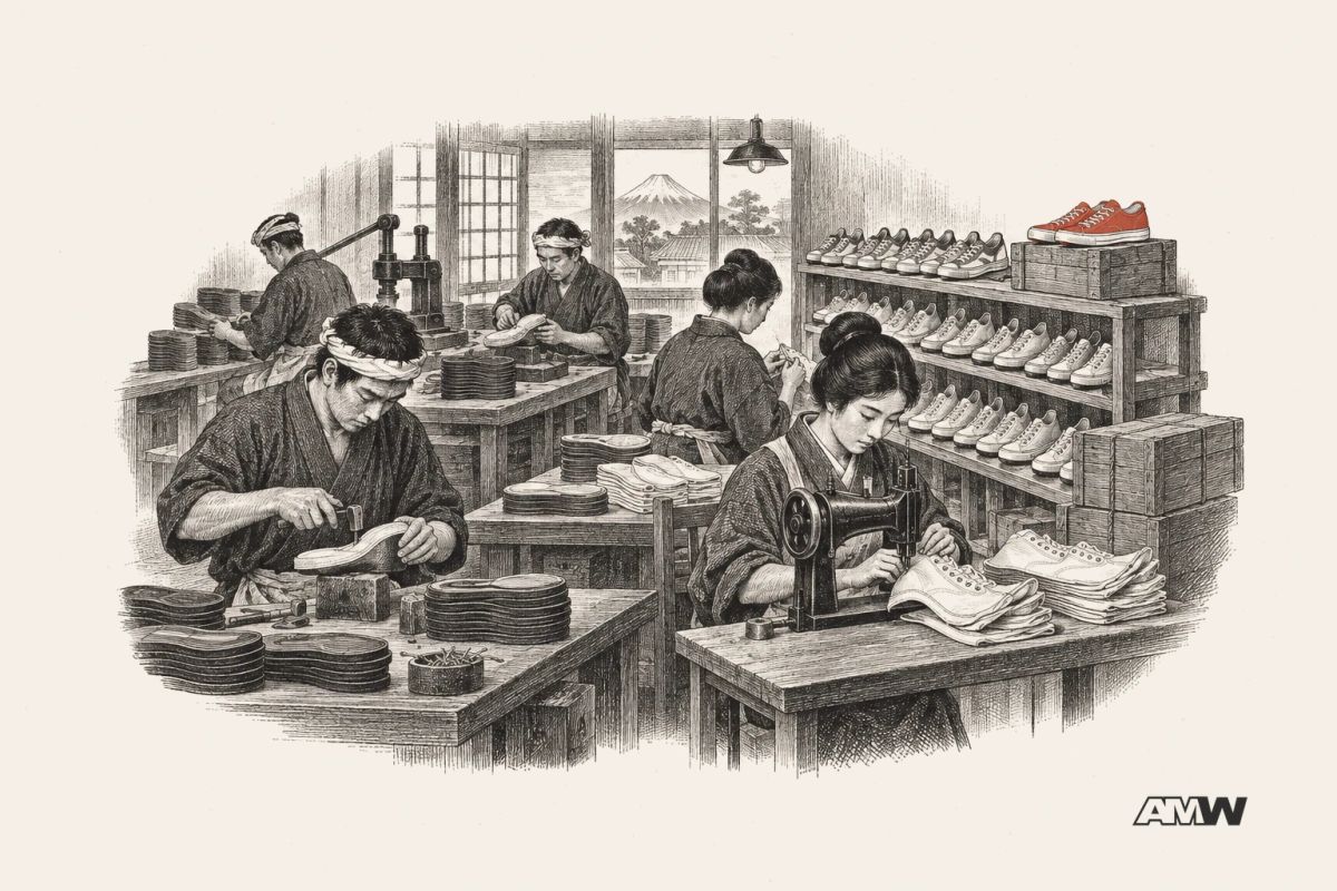 Engraving of workers assembling running shoes on a factory floor, one finished pair set apart.