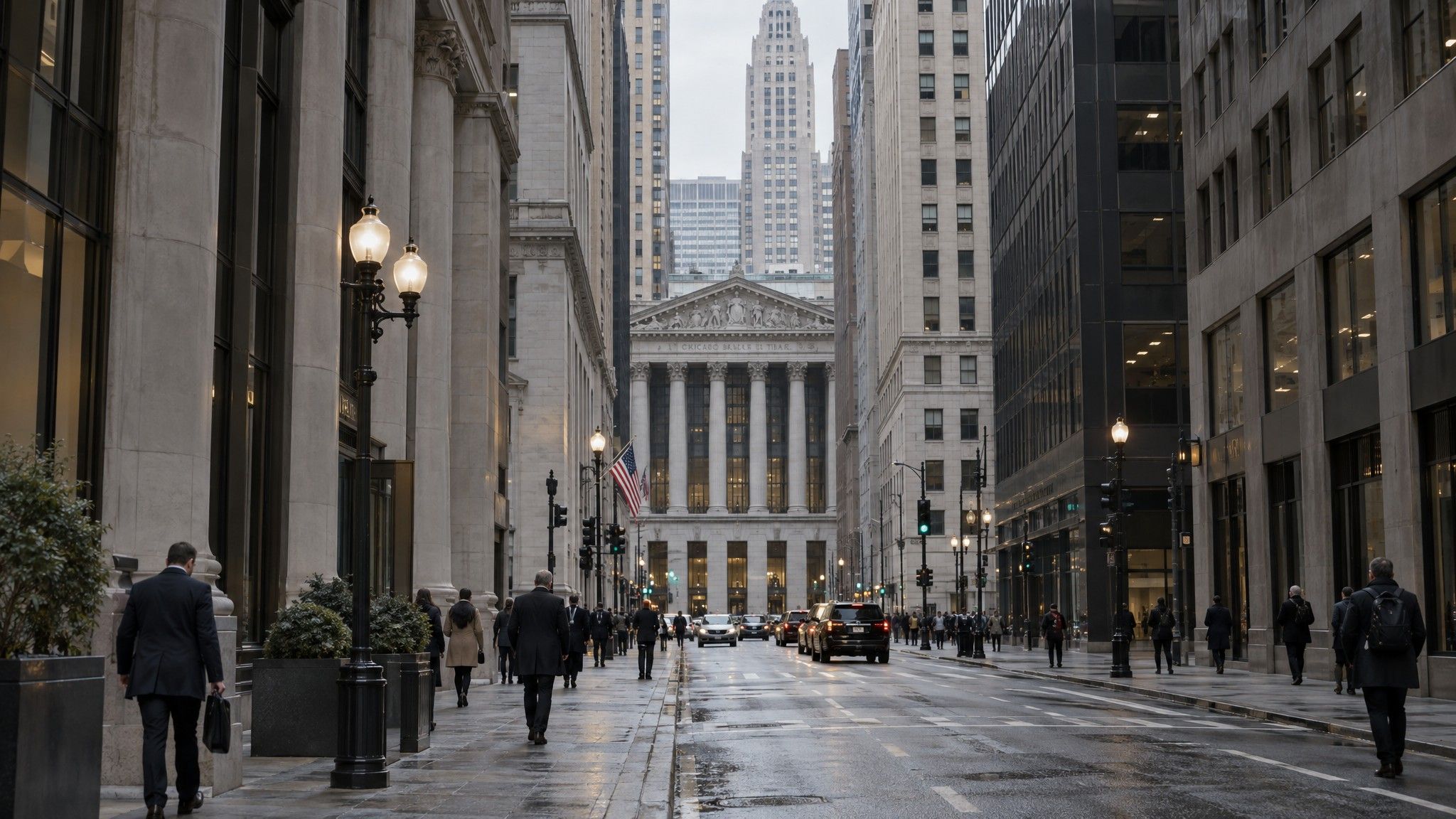 LaSalle Street canyon in Chicago on an overcast morning