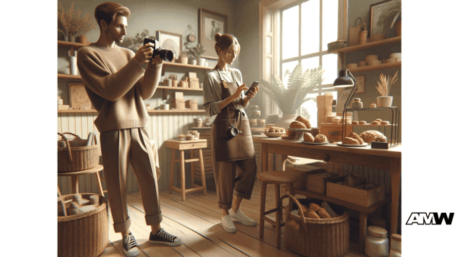 Illustration of two people making content in a small shop, one holding a camera and one holding a phone, beside a table of bread and pottery