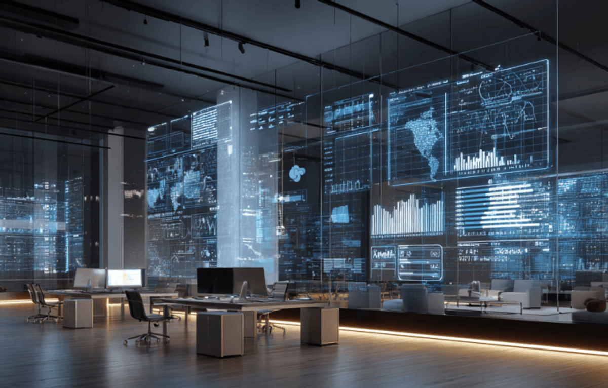 Futuristic office with digital data displays