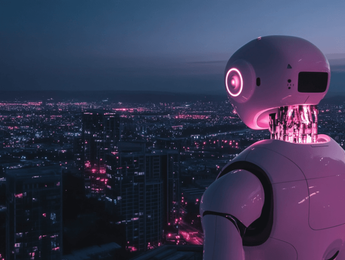 Robot overlooking futuristic city skyline at night