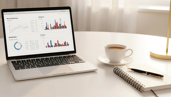 Sophisticated marketing workspace with elegant desk setup and soft natural lighting