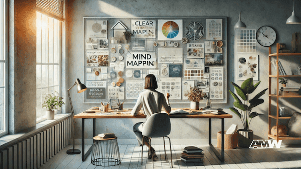 Woman working at desk with inspiration board.