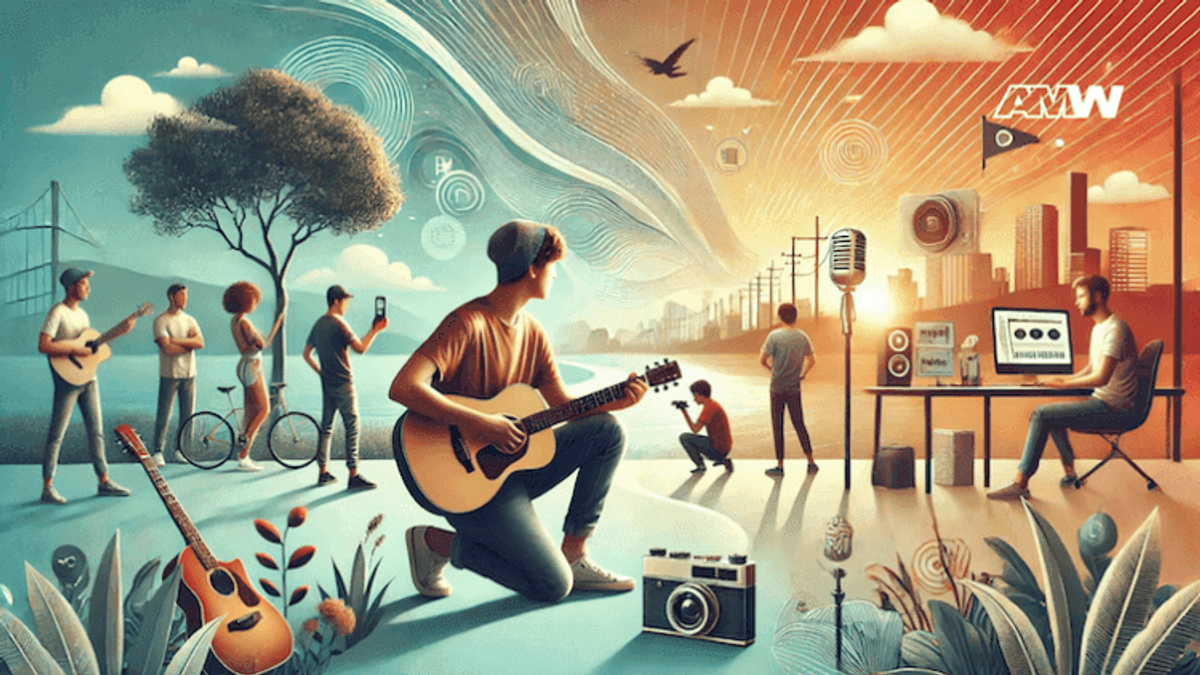 People engaging with technology and musical instruments.