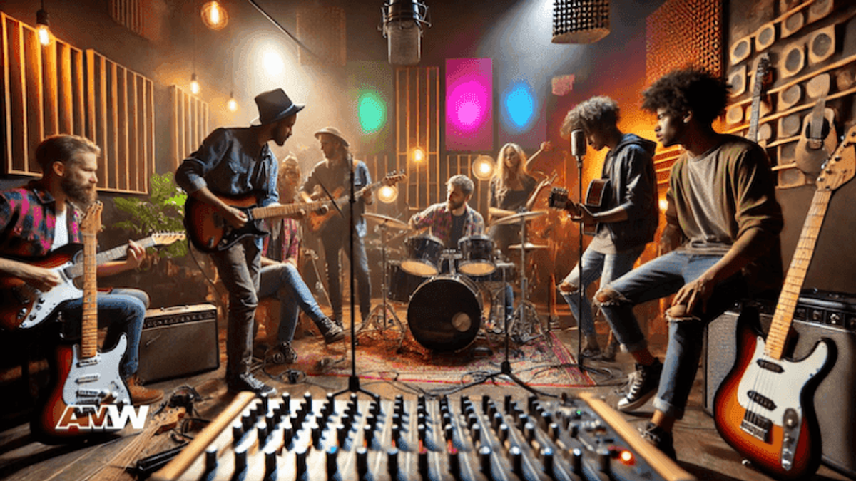 Band performing live in cozy studio.