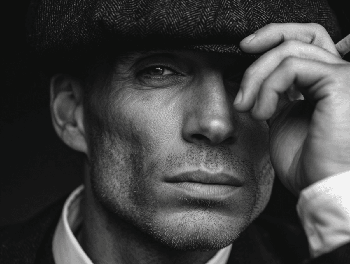 Man in flat cap, close-up portrait, black and white.