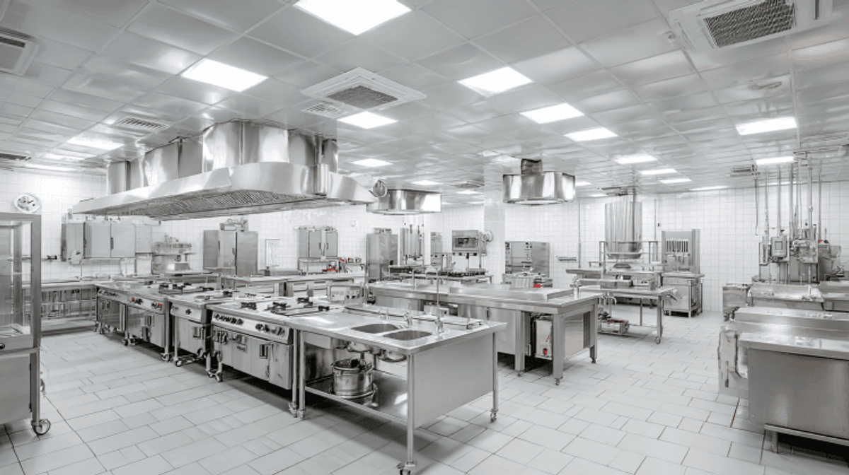 Modern commercial kitchen with stainless steel equipment.
