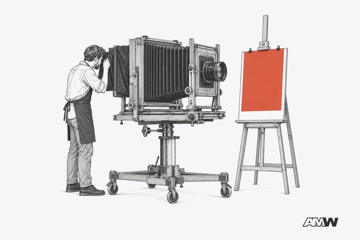 Pencil drawing of an enormous wooden studio camera on a wheeled stand beside an easel