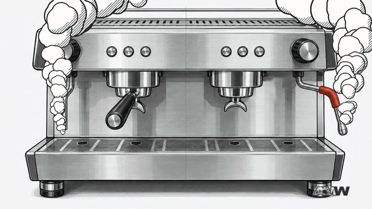 Product sketch of a commercial espresso machine with steam wand