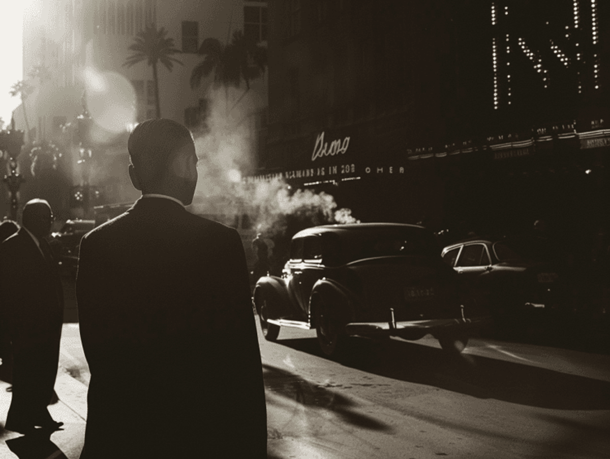 Vintage city scene with classic car and man.