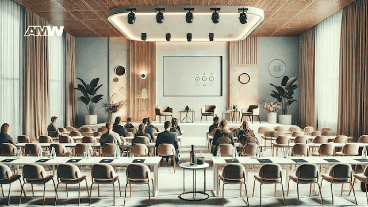 Conference room set up with people attending.