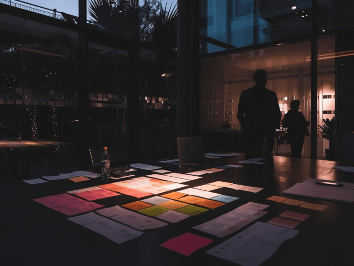 Office space with organized papers and meeting area.