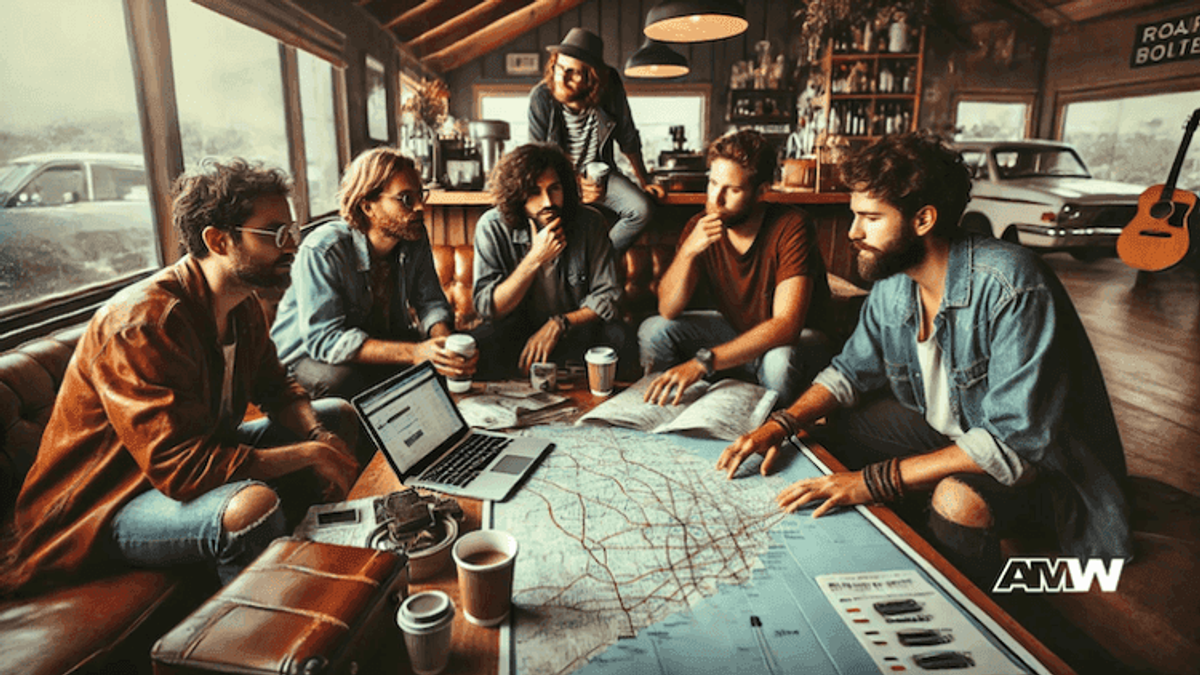 Group planning road trip with maps and laptops.