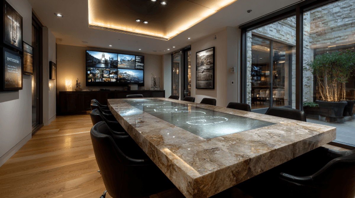 Elegant modern conference room with large stone table.