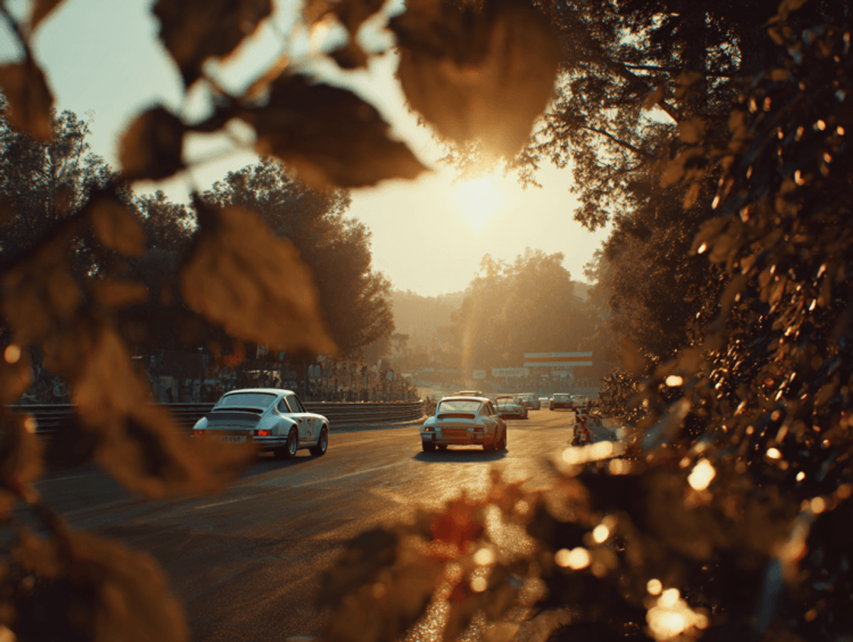 Vintage cars racing at sunset on winding track.