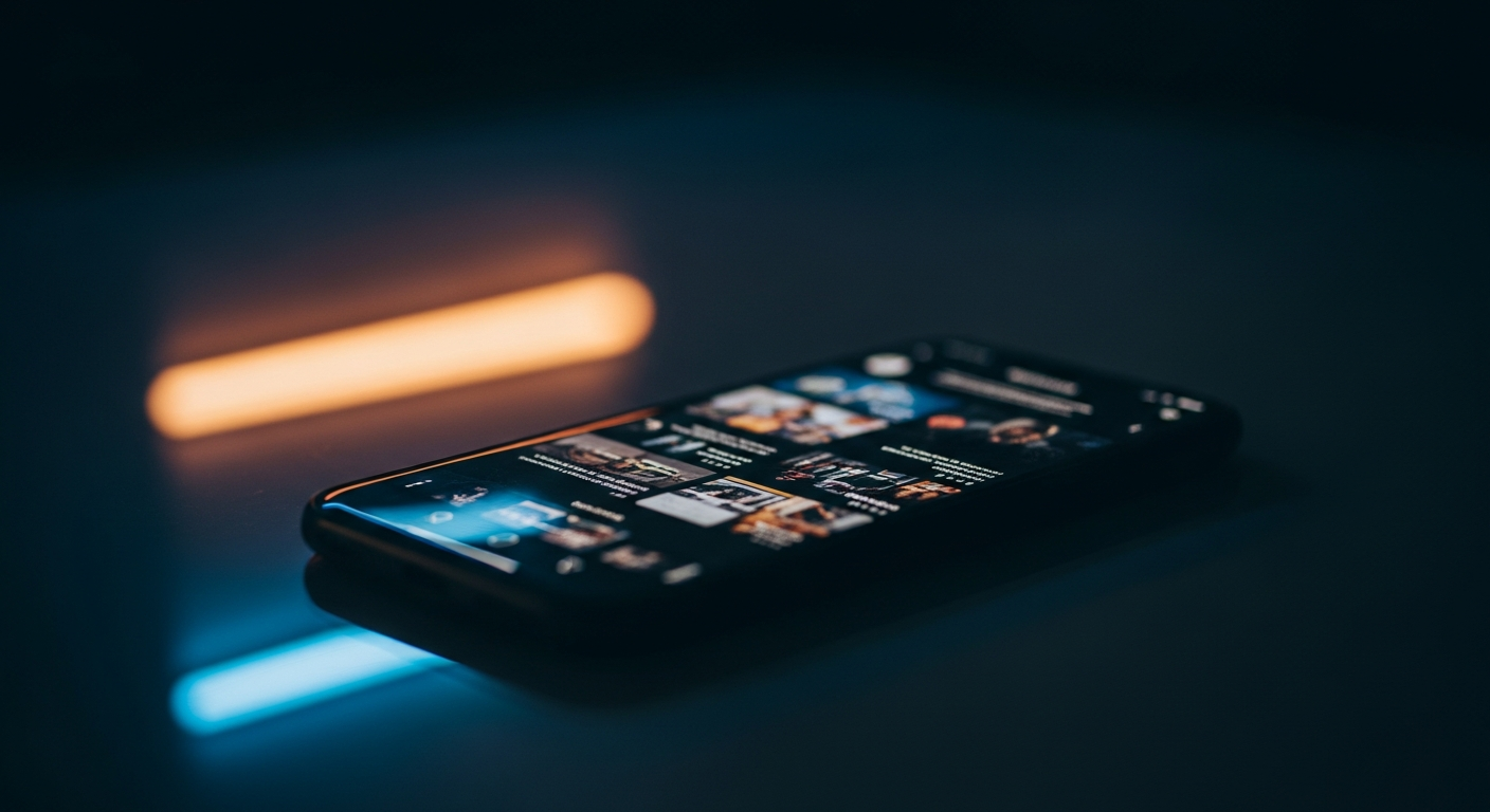 Smartphone displaying social media feed in a dark atmospheric setting with neon reflections