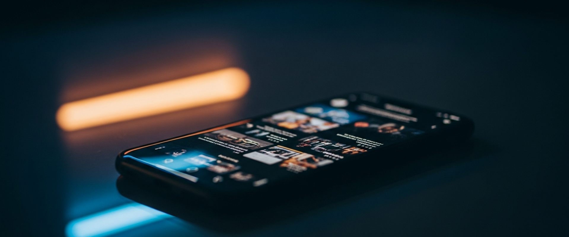 Smartphone displaying social media feed in a dark atmospheric setting with neon reflections