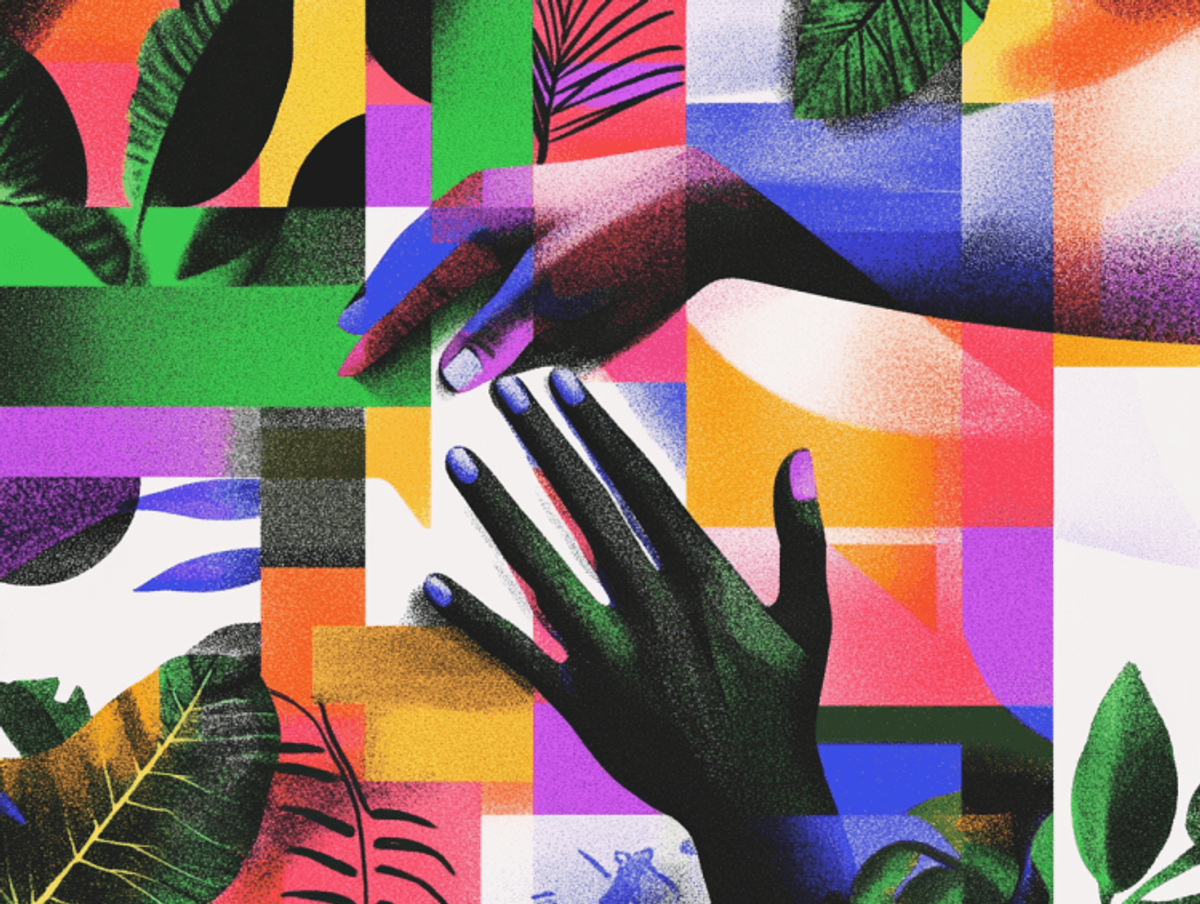 Colorful collage art with hands and leaves.