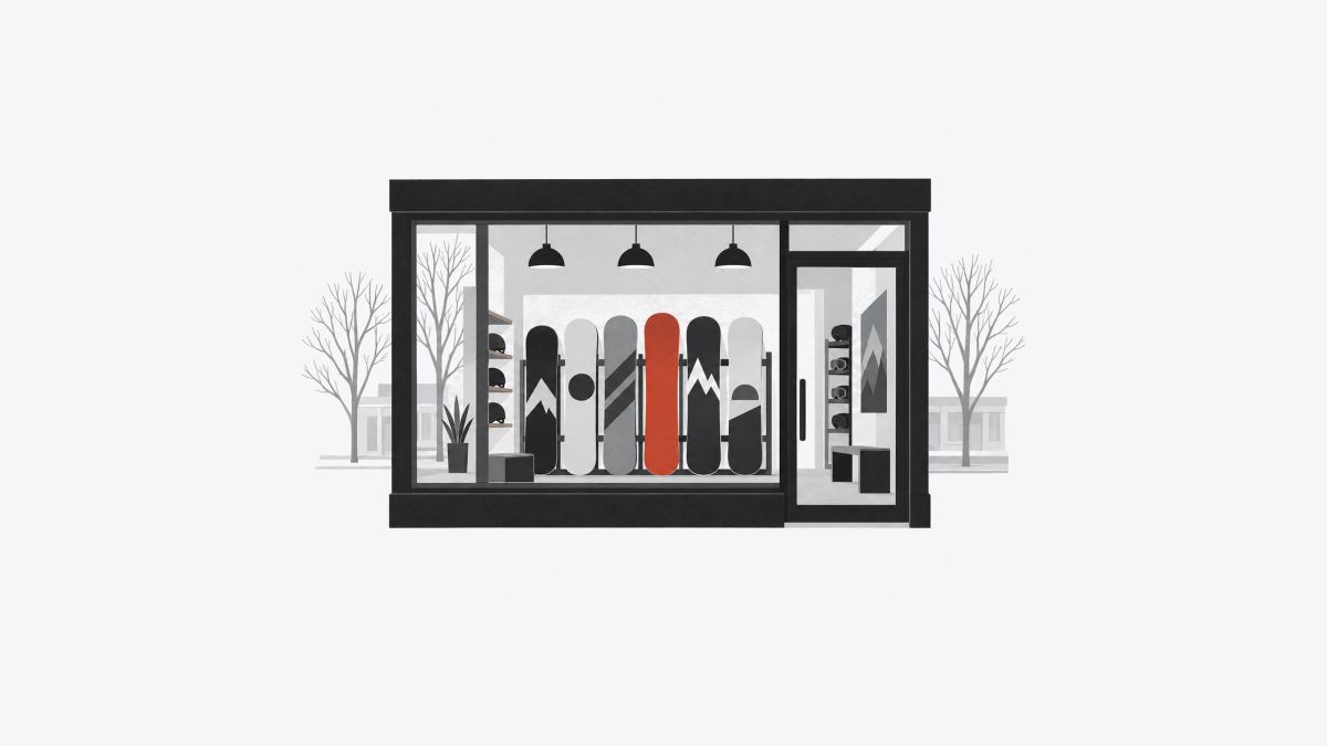 Illustration: A snowboard shop waits most of the year for winter a short buying season; a price shoppers see in person; a name still unfamiliar to shoppers. Snowdevil's stock waited on weather and trust.