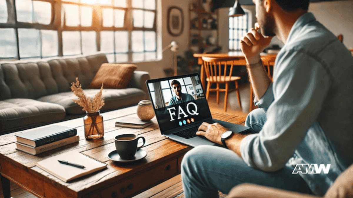 Man with laptop at home office video chat FAQ.