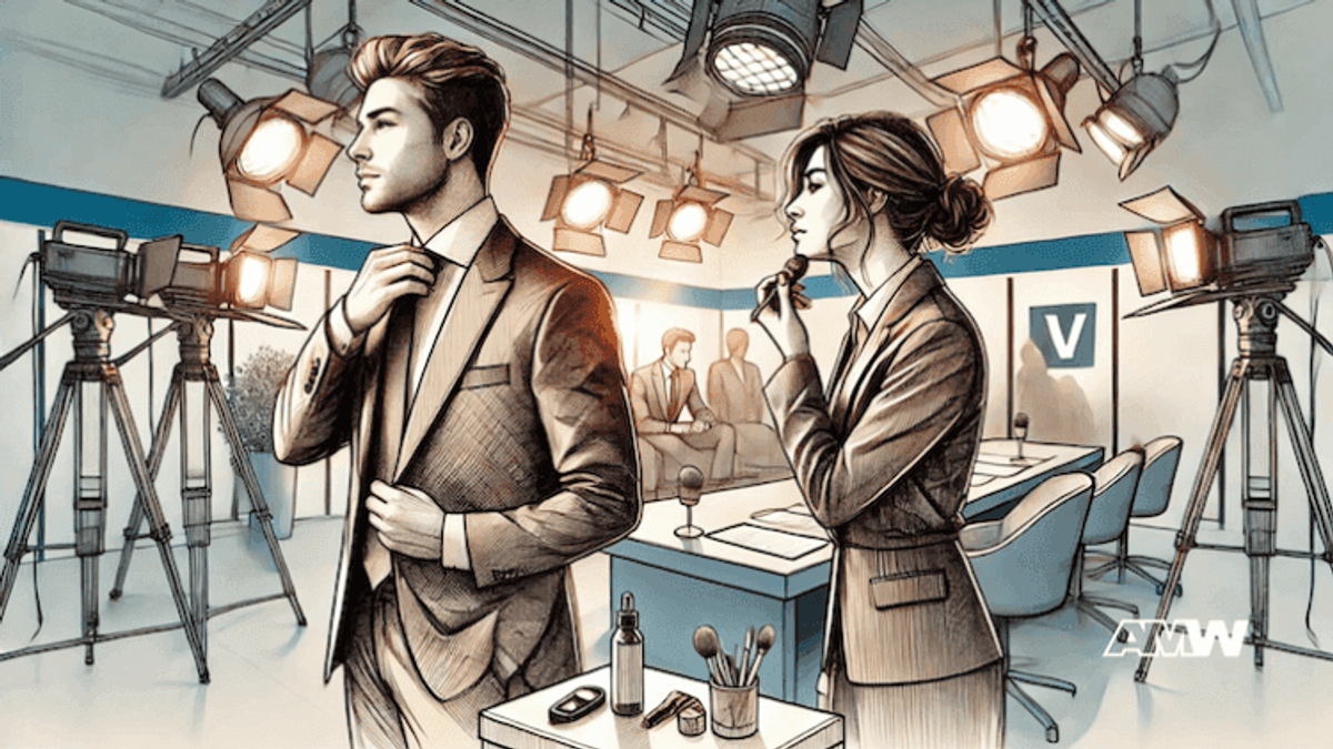 News anchors preparing in studio