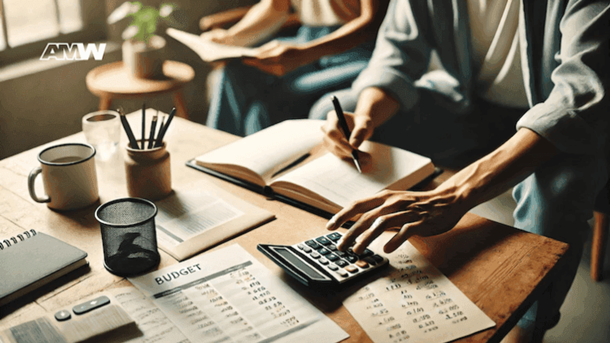 People doing budget calculations with a calculator