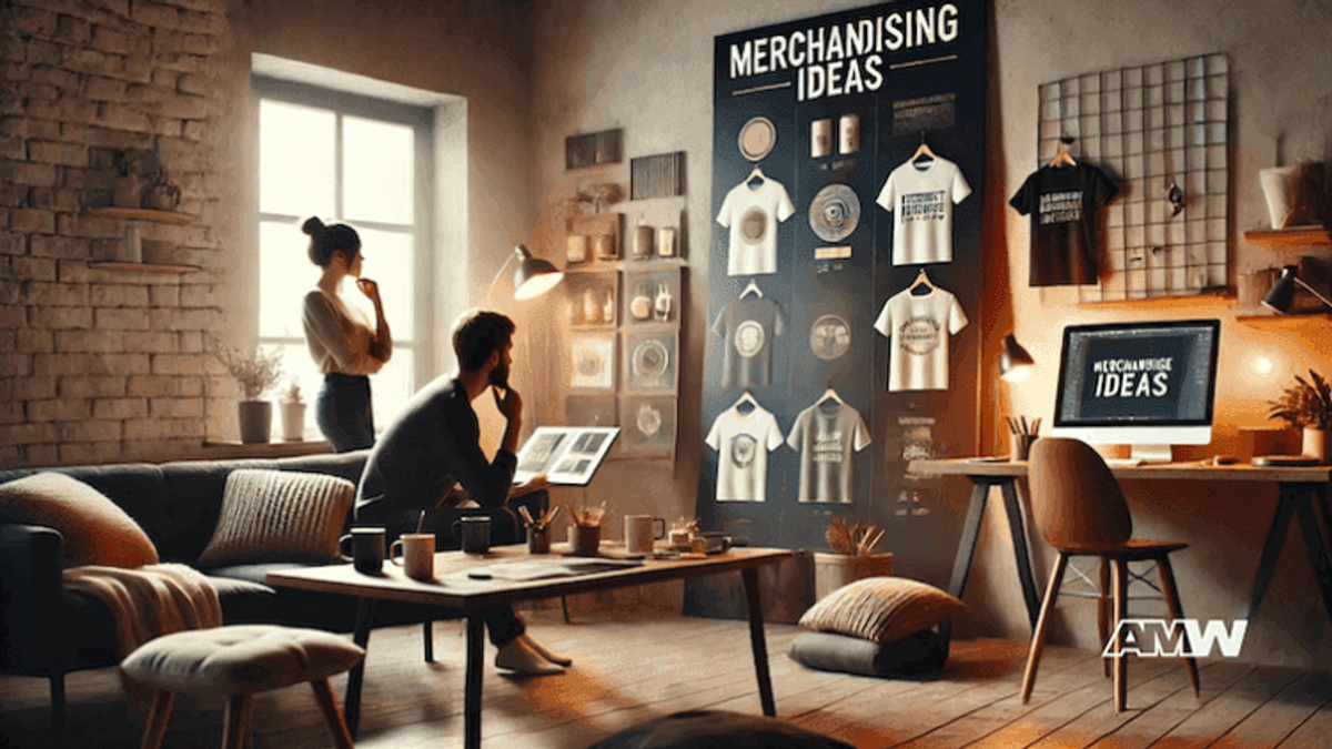 Workspace brainstorming merchandising ideas with posters and computers.