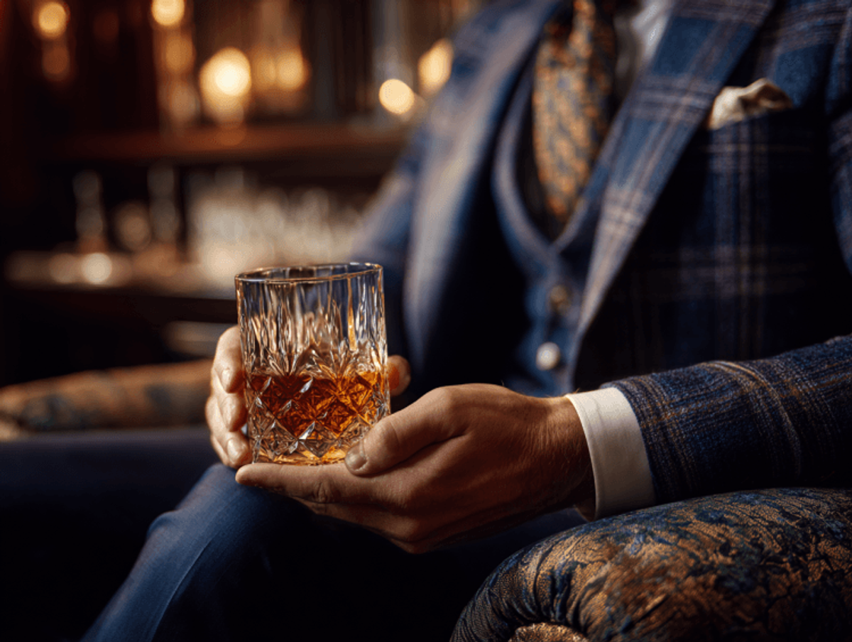 Man holding whiskey glass in elegant setting.