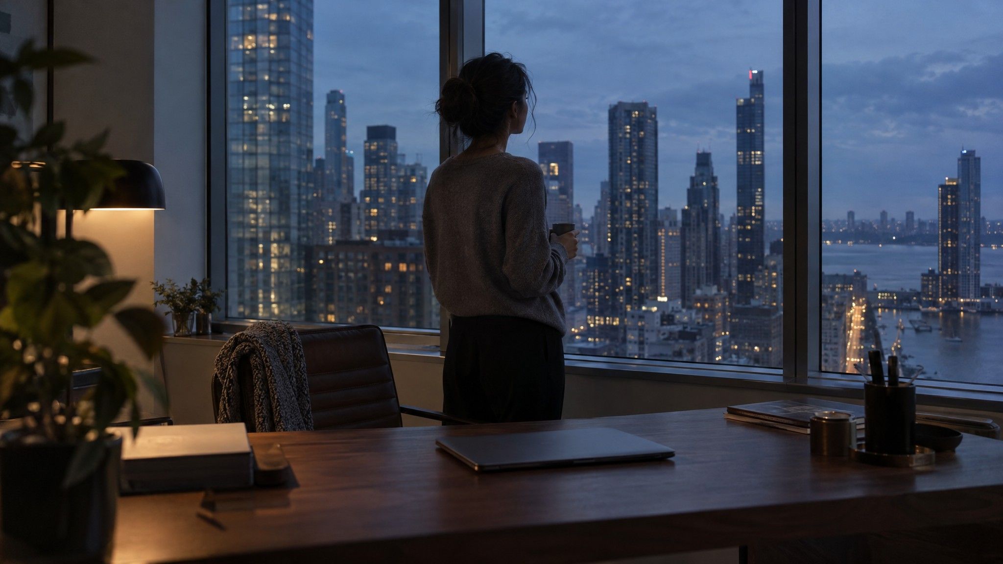 Closed laptop on a walnut desk with a city at blue hour beyond