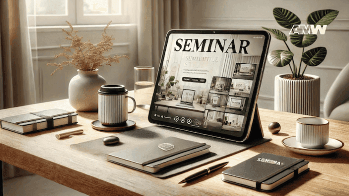 Online seminar displayed on tablet.