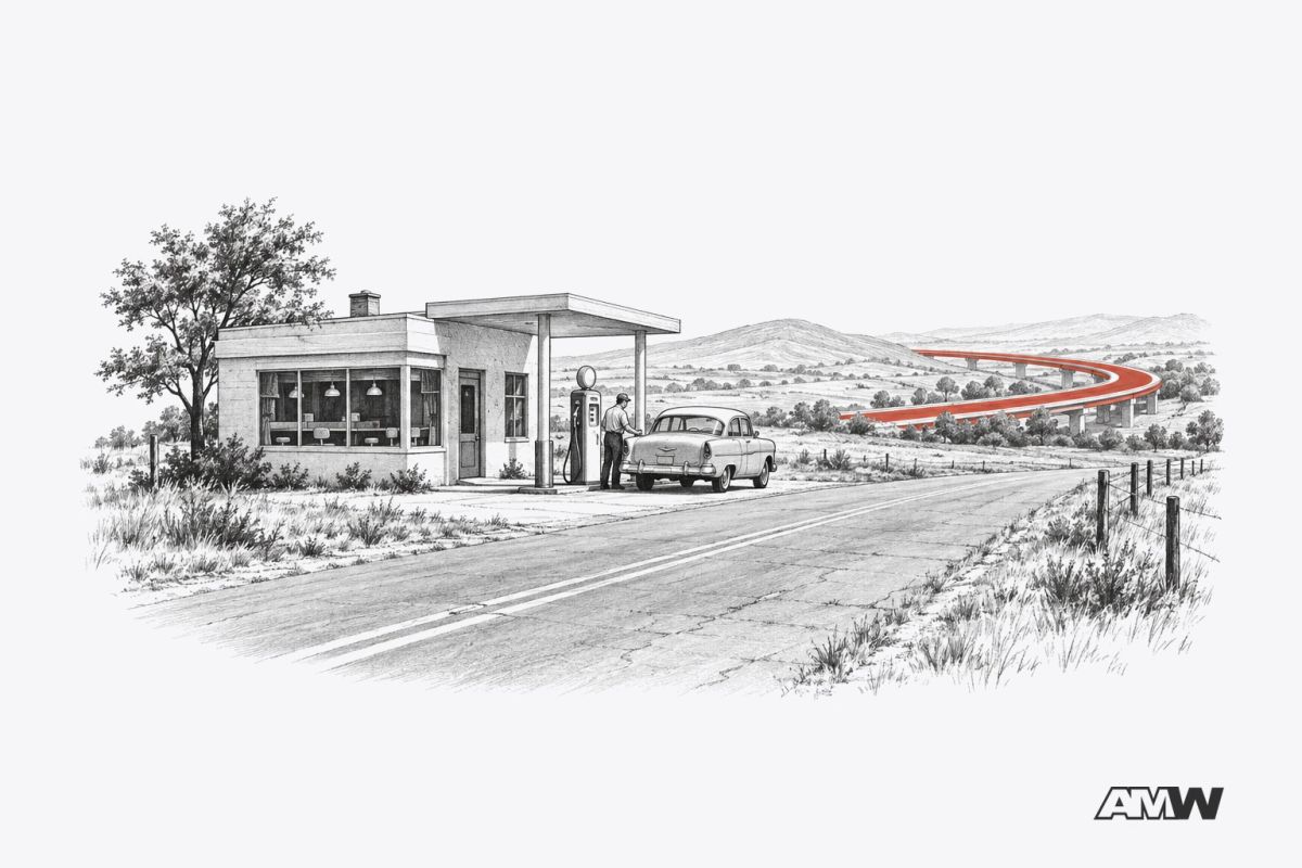 Pencil drawing of a roadside station and diner beside an empty old road while traffic uses a new highway