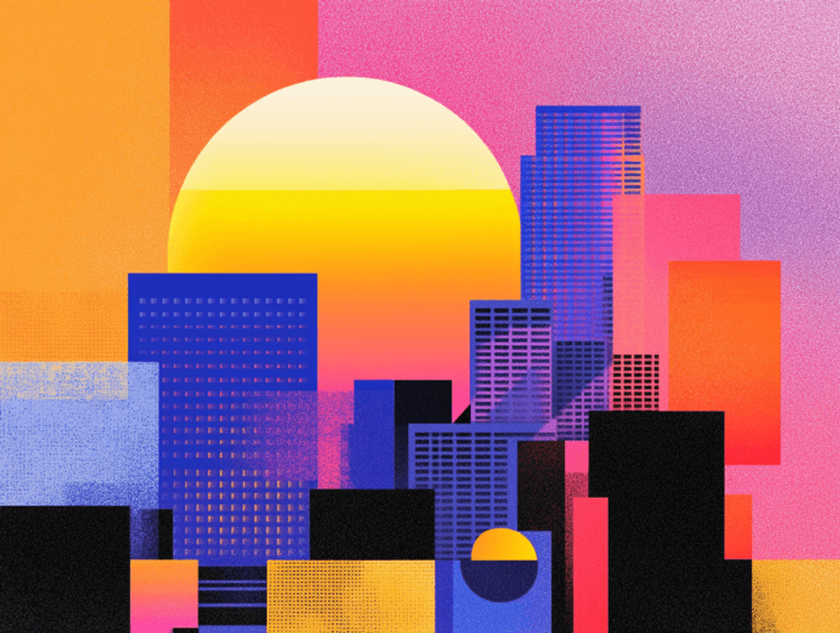 Abstract city skyline at colorful sunset