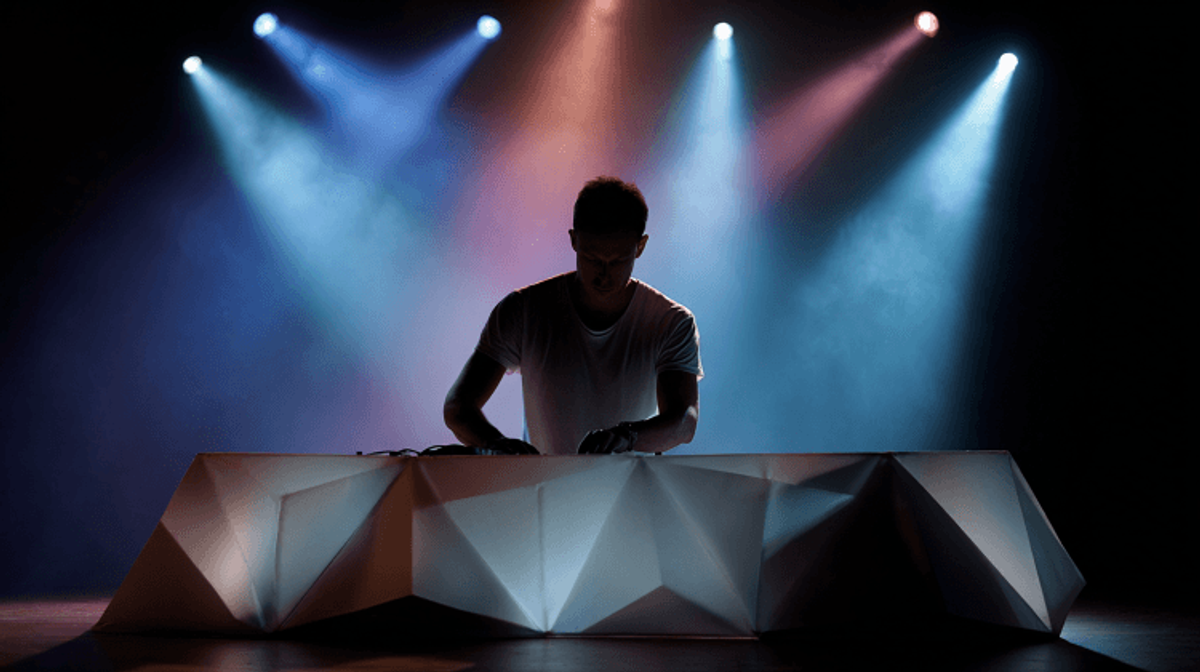 DJ performing with colorful lights on stage.