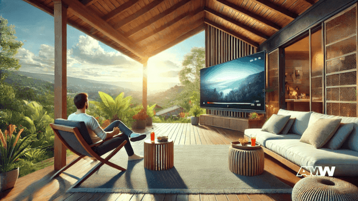 Person relaxing on balcony watching TV at sunset.