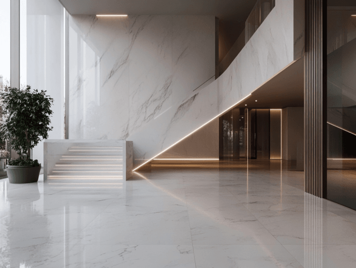 Modern marble lobby with staircase and lighting.