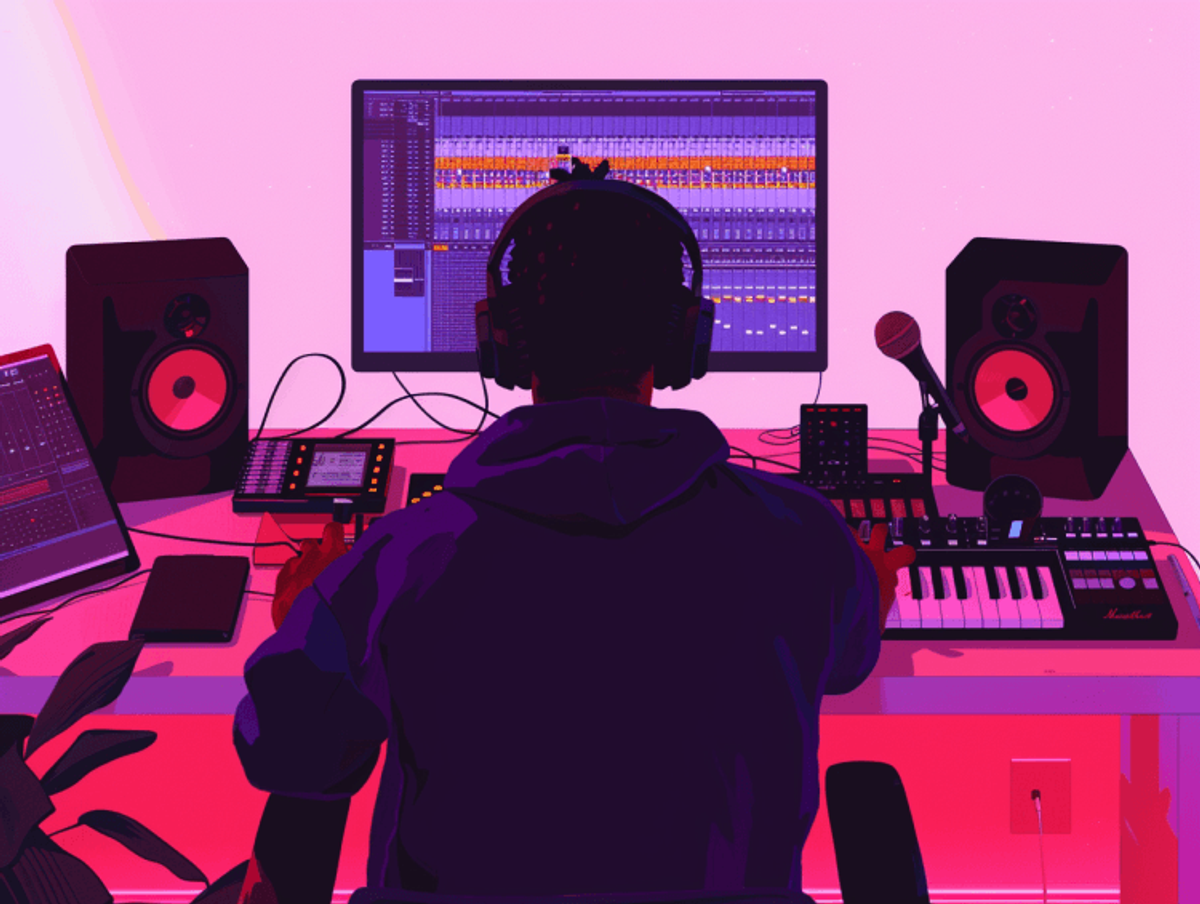 Music producer working in home studio with equipment.