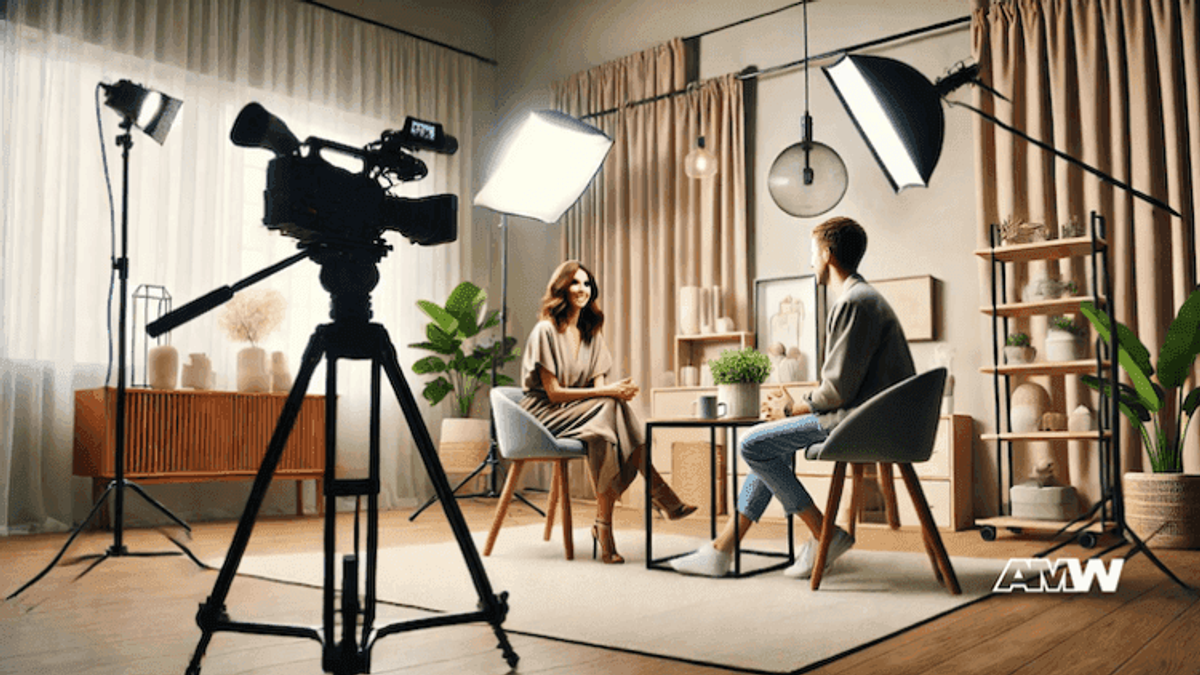 Professional interview setup with lighting and camera.
