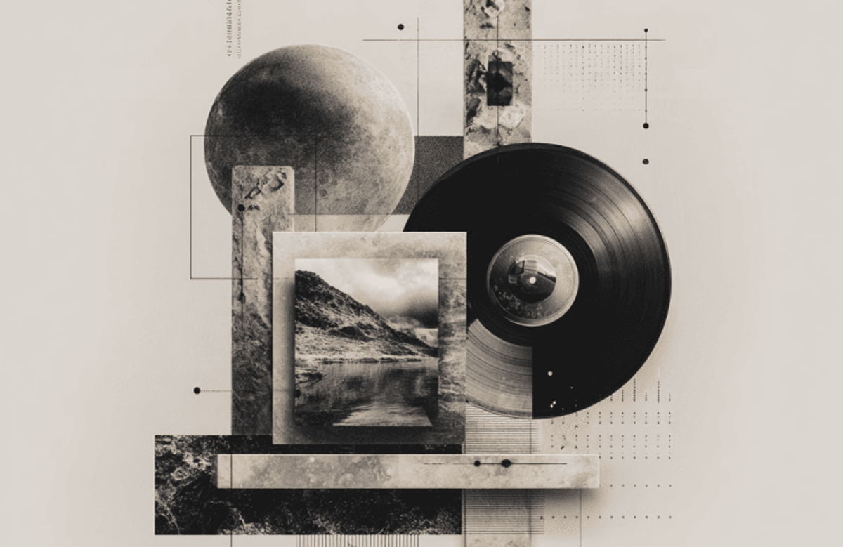Abstract collage with vinyl, moon, and mountain image.