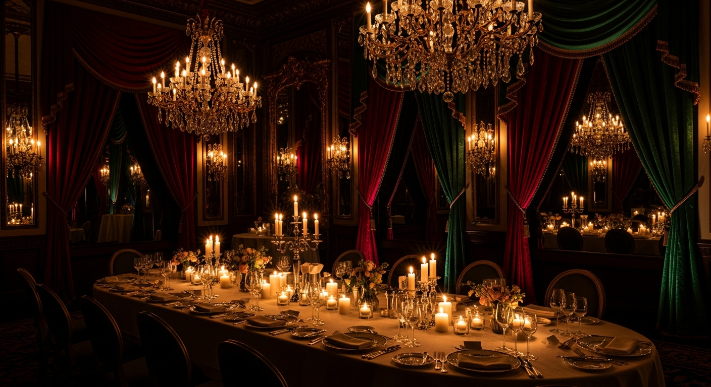 Luxury private dining setup with crystal chandeliers and candlelight