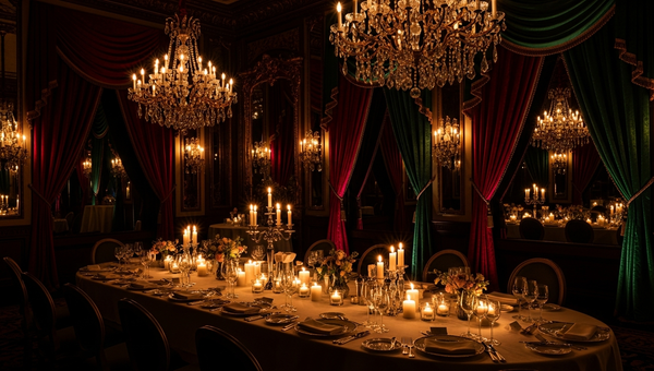 Luxury private dining setup with crystal chandeliers and candlelight