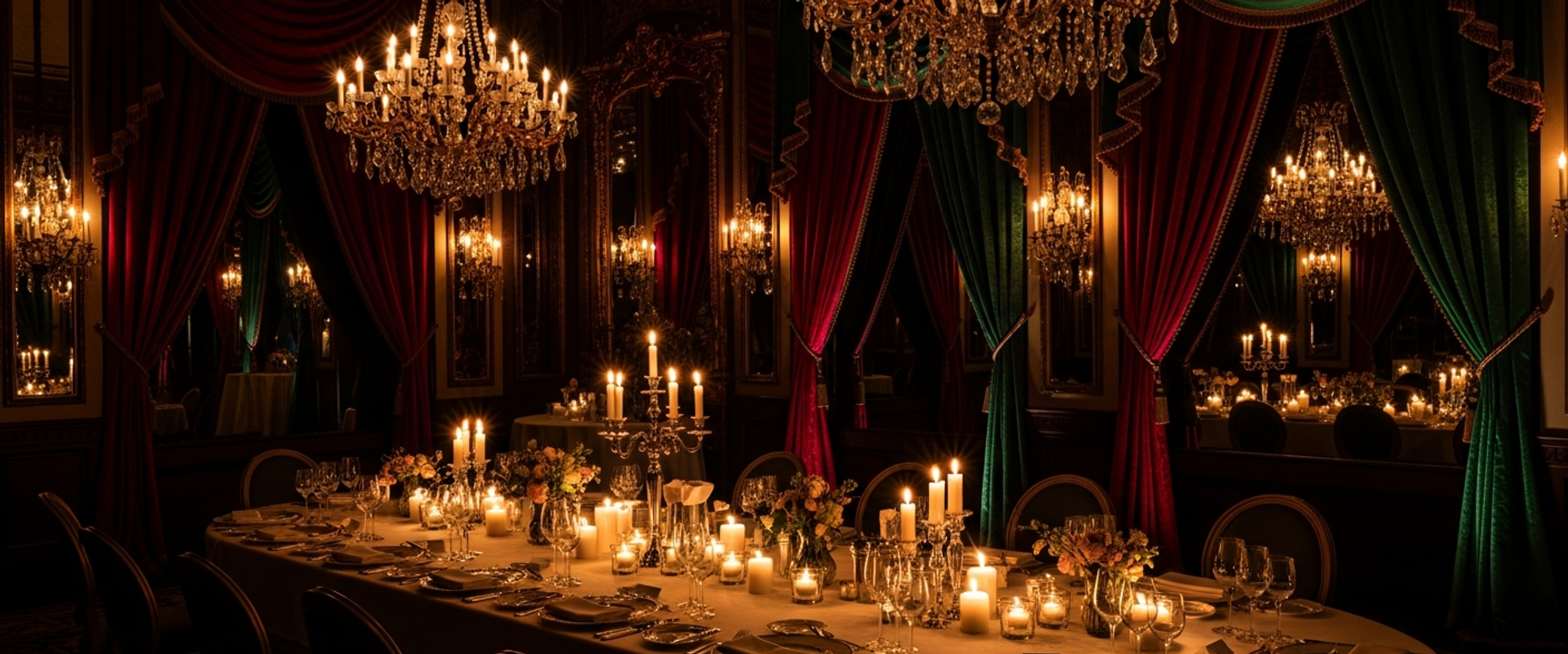Luxury private dining setup with crystal chandeliers and candlelight